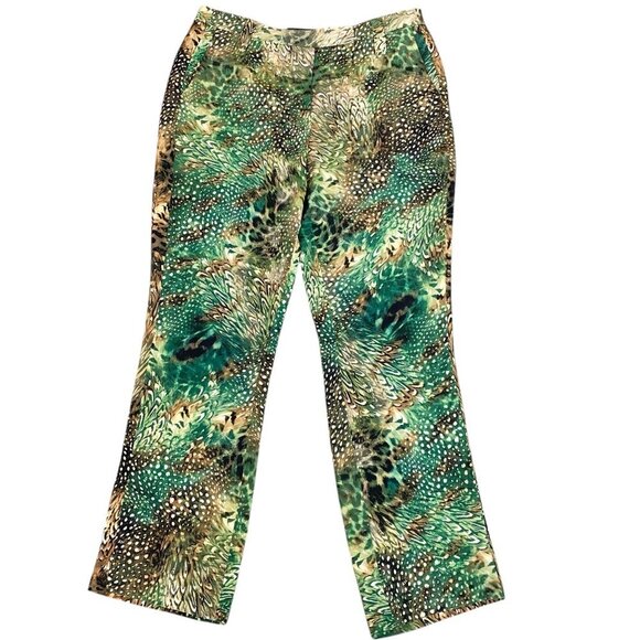 Paige Silk Animal Feather Print Trouser Pants Womens Sz 6 Green Brown #71P - Picture 1 of 10